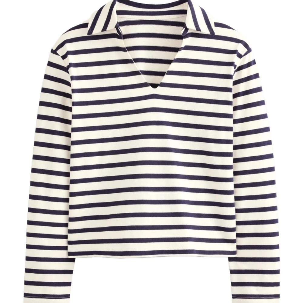 Boden Notch Collar Navy and Ivory Striped Top